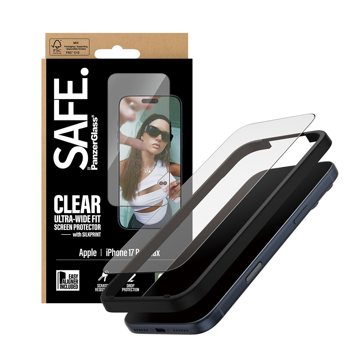 SAFE. by PanzerGlass® Screen Protector w. Black Frame iPhone 17 Pro Max | Ultra-Wide Fit w. EasyAligner